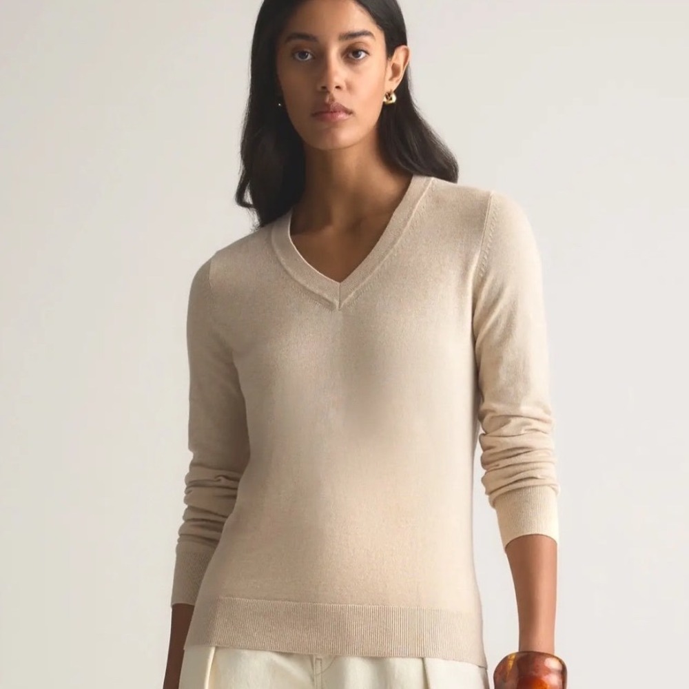 Quince Organic Cotton Cashmere Blend V-Neck Sweater Beige Heather Womens M